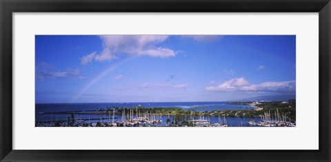 Framed Rainbow Over Boats in Honolulu, Hawaii Print