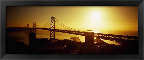 Framed High angle view of a suspension bridge at sunset, Bay Bridge, San Francisco, California, USA Print