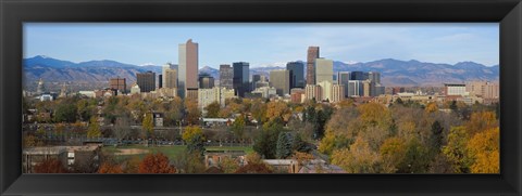 Framed Skyscrapers in a city with mountains in the background, Denver, Colorado Print