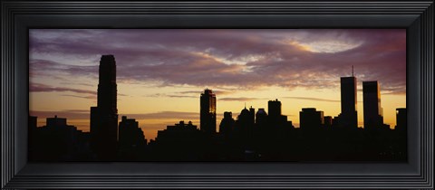 Framed Silhouette of skyscrapers at sunset, Manhattan, New York City, New York State, USA Print