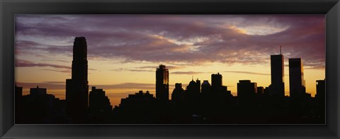 Framed Silhouette of skyscrapers at sunset, Manhattan, New York City, New York State, USA Print