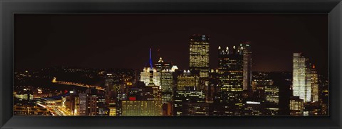 Framed Buildings lit up at night in a city, Pittsburgh Pennsylvania, USA Print