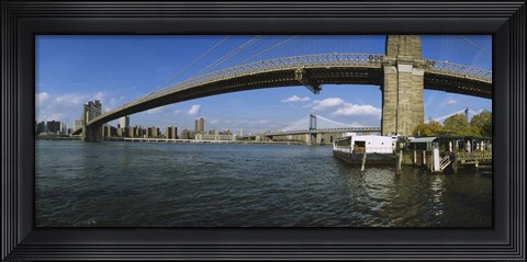 Framed Suspension bridge across a river, Brooklyn Bridge, East River, Manhattan, New York City, New York State, USA Print