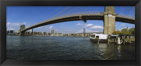 Framed Suspension bridge across a river, Brooklyn Bridge, East River, Manhattan, New York City, New York State, USA Print