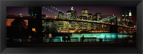 Framed Suspension bridge lit up at dusk, Brooklyn Bridge, East River, Manhattan, New York City, New York State, USA Print