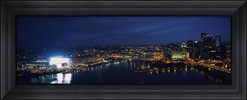 Framed High angle view of buildings lit up at night, Heinz Field, Pittsburgh, Allegheny county, Pennsylvania, USA Print