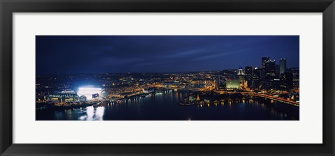 Framed High angle view of buildings lit up at night, Heinz Field, Pittsburgh, Allegheny county, Pennsylvania, USA Print