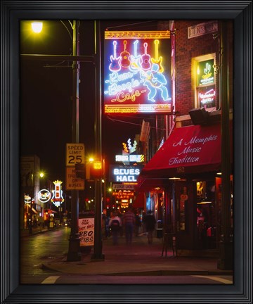 Framed Neon sign lit up at night in a city, Rum Boogie Cafe, Beale Street, Memphis, Shelby County, Tennessee, USA Print