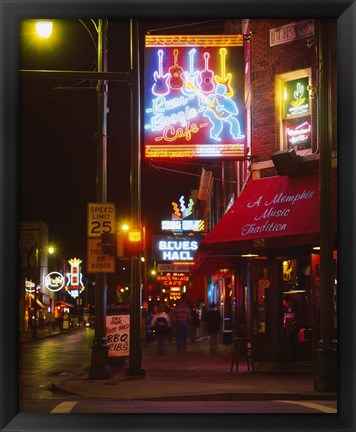 Framed Neon sign lit up at night in a city, Rum Boogie Cafe, Beale Street, Memphis, Shelby County, Tennessee, USA Print