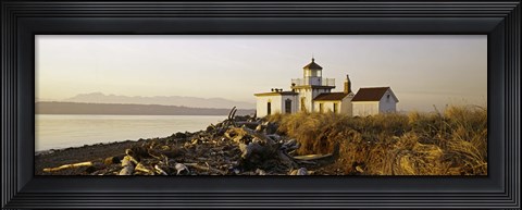 Framed Lighthouse on the beach, West Point Lighthouse, Seattle, King County, Washington State, USA Print