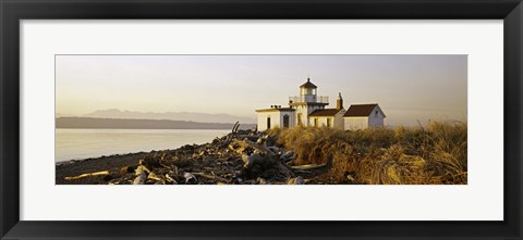 Framed Lighthouse on the beach, West Point Lighthouse, Seattle, King County, Washington State, USA Print