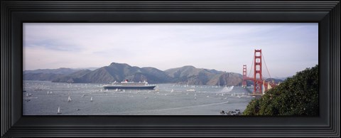 Framed Cruise ship approaching a suspension bridge, RMS Queen Mary 2, Golden Gate Bridge, San Francisco, California, USA Print