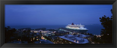 Framed High angle view of a cruise ship at a harbor, RMS Queen Mary 2, San Francisco, California, USA Print