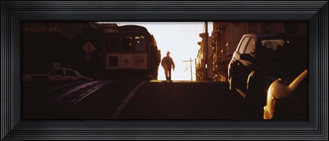 Framed Cable car on the tracks at sunset, San Francisco, California, USA Print