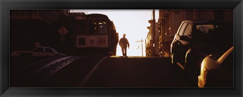 Framed Cable car on the tracks at sunset, San Francisco, California, USA Print