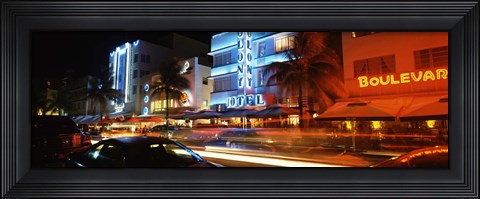 Framed Buildings at the roadside, Ocean Drive, South Beach, Miami Beach, Florida Print
