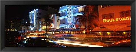 Framed Buildings at the roadside, Ocean Drive, South Beach, Miami Beach, Florida Print