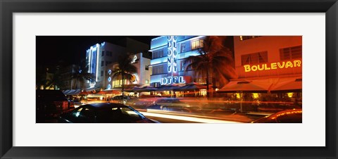 Framed Buildings at the roadside, Ocean Drive, South Beach, Miami Beach, Florida Print