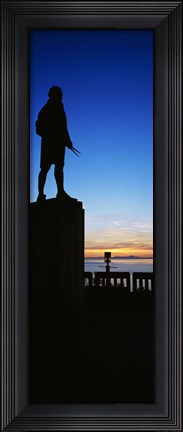 Framed Captain Cook monument silhouetted by sunset, Anchorage, Alaska, USA. Print