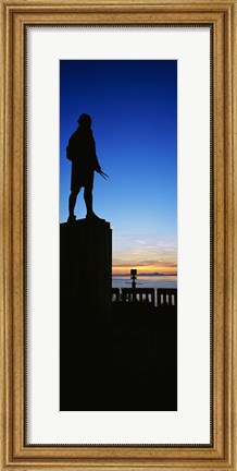 Framed Captain Cook monument silhouetted by sunset, Anchorage, Alaska, USA. Print