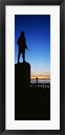 Framed Captain Cook monument silhouetted by sunset, Anchorage, Alaska, USA. Print
