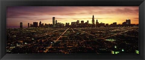 Framed CGI composite, High angle view of a city at night, Chicago, Cook County, Illinois, USA Print