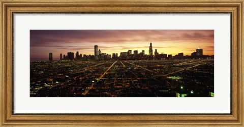 Framed CGI composite, High angle view of a city at night, Chicago, Cook County, Illinois, USA Print