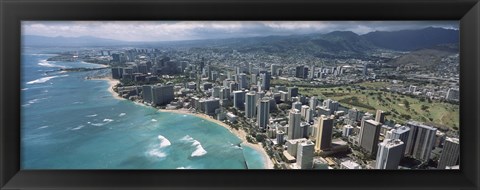 Framed Aerial view of buildings at the waterfront, Waikiki Beach, Honolulu, Oahu, Hawaii, USA Print