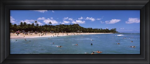 Framed Tourists on the beach, Waikiki Beach, Honolulu, Oahu, Hawaii, USA Print