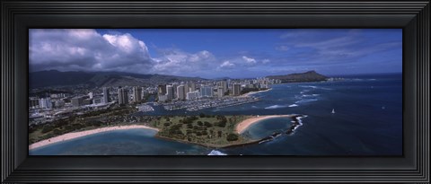 Framed Aerial view of buildings at the waterfront, Ala Moana Beach Park, Waikiki Beach, Honolulu, Oahu, Hawaii, USA Print
