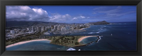 Framed Aerial view of buildings at the waterfront, Ala Moana Beach Park, Waikiki Beach, Honolulu, Oahu, Hawaii, USA Print