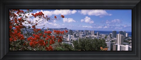 Framed Honolulu Skyline from a Distance (red flowers) Print