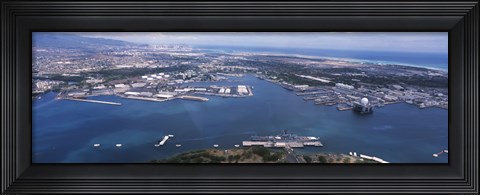 Framed Aerial view of a harbor, Pearl Harbor, Honolulu, Oahu, Hawaii, USA Print