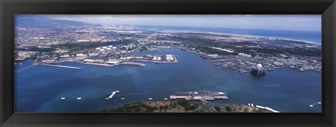 Framed Aerial view of a harbor, Pearl Harbor, Honolulu, Oahu, Hawaii, USA Print