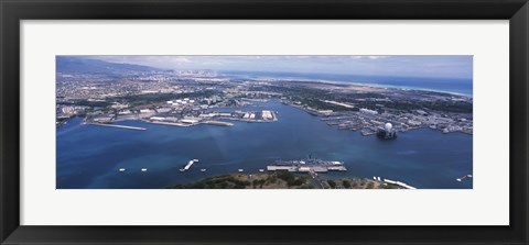 Framed Aerial view of a harbor, Pearl Harbor, Honolulu, Oahu, Hawaii, USA Print