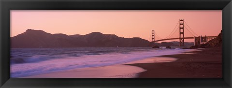 Framed Beach and a suspension bridge at sunset, Baker Beach, Golden Gate Bridge, San Francisco, San Francisco County, California, USA Print