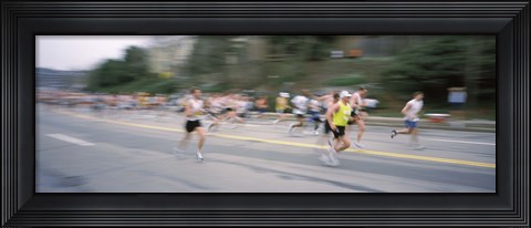 Framed Marathon runners on a road, Boston Marathon, Washington Street, Wellesley, Norfolk County, Massachusetts, USA Print