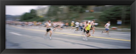 Framed Marathon runners on a road, Boston Marathon, Washington Street, Wellesley, Norfolk County, Massachusetts, USA Print