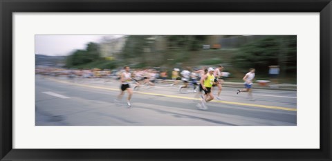 Framed Marathon runners on a road, Boston Marathon, Washington Street, Wellesley, Norfolk County, Massachusetts, USA Print