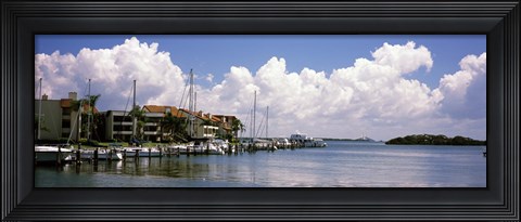 Framed Boats docked in a bay, Cabbage Key, Sunshine Skyway Bridge in Distance, Tampa Bay, Florida, USA Print