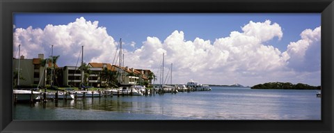Framed Boats docked in a bay, Cabbage Key, Sunshine Skyway Bridge in Distance, Tampa Bay, Florida, USA Print