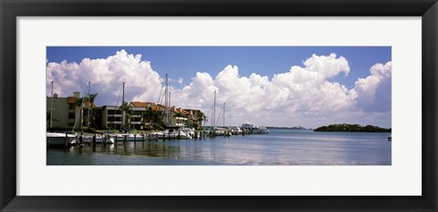 Framed Boats docked in a bay, Cabbage Key, Sunshine Skyway Bridge in Distance, Tampa Bay, Florida, USA Print