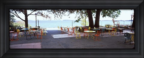 Framed Empty chairs with tables in a campus, University of Wisconsin, Madison, Dane County, Wisconsin, USA Print