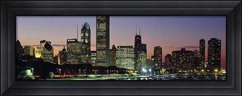 Framed Buildings lit up at dusk, Lake Michigan, Chicago, Cook County, Illinois, USA Print