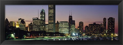 Framed Buildings lit up at dusk, Lake Michigan, Chicago, Cook County, Illinois, USA Print