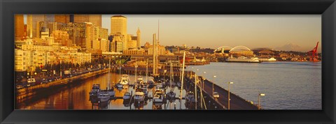Framed Buildings at the waterfront, Elliott Bay, Bell Harbor Marina, Seattle, King County, Washington State, USA Print