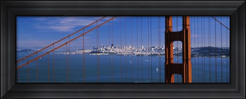 Framed Suspension bridge with a city in the background, Golden Gate Bridge, San Francisco, California, USA Print
