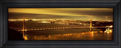 Framed Golden Gate Bridge and San Francisco Skyline Lit Up at Night Print