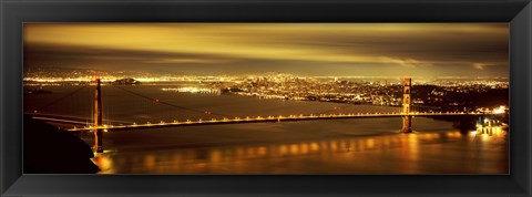 Framed Golden Gate Bridge and San Francisco Skyline Lit Up at Night Print