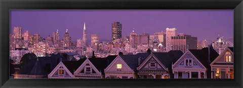 Framed Skyscrapers lit up at night in a city, San Francisco, California, USA Print